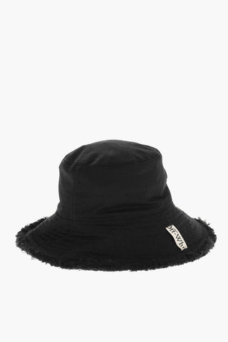 Solid Color Bucket Hat with Frayed Edge and Logoed Straps