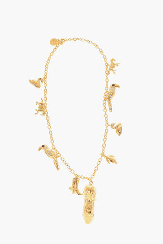 Golden Effect Brass Necklace with Rhinestone Embellished Pendants