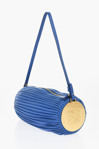 Pleated Leather Baguette Bag with Metal Details