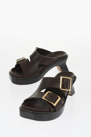 Leather Sandals with Double Golden Buckle and Spool Heel 7cm