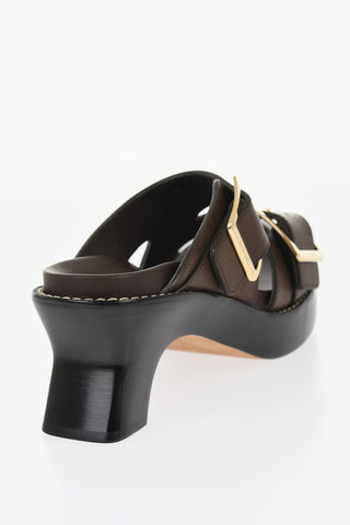Leather Sandals with Double Golden Buckle and Spool Heel 7cm