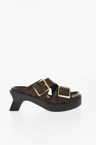 Leather Sandals with Double Golden Buckle and Spool Heel 7cm