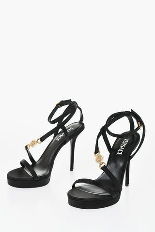 Sandali Ankle Strap in Satin con Logo Dorato e con Strass 12,5cm