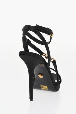 Sandali Ankle Strap in Satin con Logo Dorato e con Strass 12,5cm