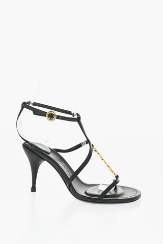 Leather T-Strap Sandals with Golden Logo Heel 9cm