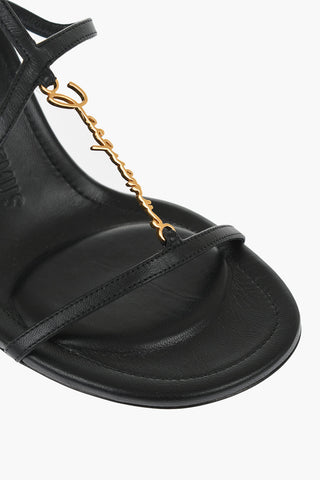 Leather T-Strap Sandals with Golden Logo Heel 9cm