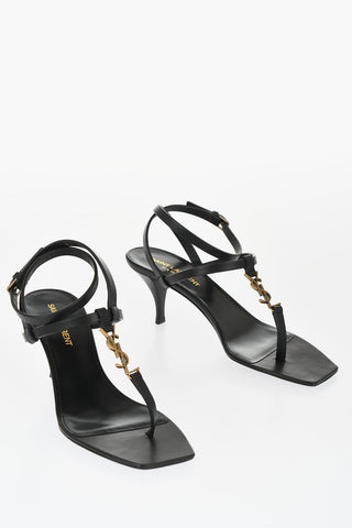 Sandali T-Strap Lace Up in Pelle con Monogram Dorato 7cm