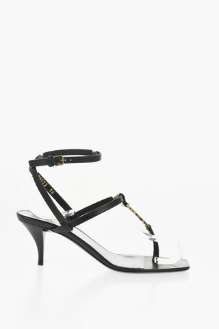Sandali T-Strap Lace Up in Pelle con Monogram Dorato 7cm