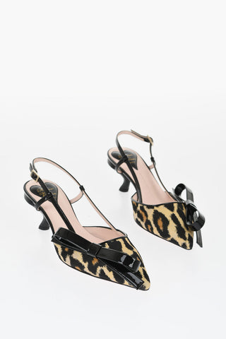 Animal Patterned Patent Leather and Fabric Slingback Pumps with Bow 6cm