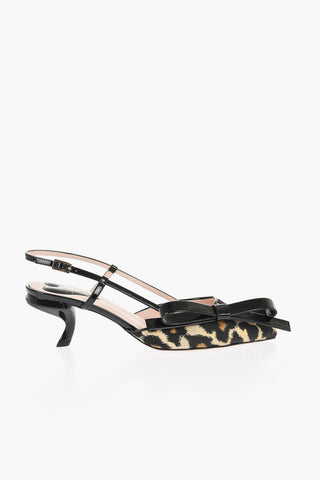 Animal Patterned Patent Leather and Fabric Slingback Pumps with Bow 6cm