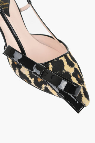 Animal Patterned Patent Leather and Fabric Slingback Pumps with Bow 6cm