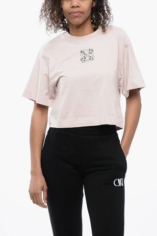 T-Shirt Crop Girocollo con Logo Impreziosito da Strass