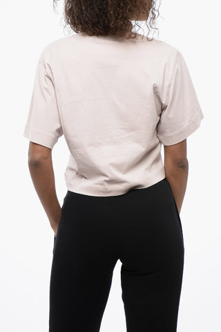 T-Shirt Crop Girocollo con Logo Impreziosito da Strass