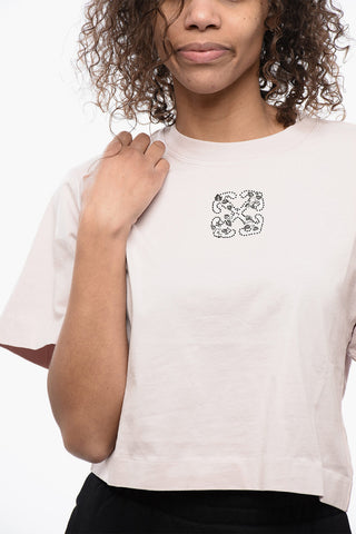 T-Shirt Crop Girocollo con Logo Impreziosito da Strass