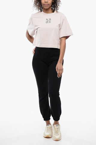 T-Shirt Crop Girocollo con Logo Impreziosito da Strass