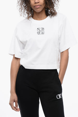 T-Shirt Crop Girocollo con Logo Impreziosito da Strass