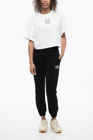 T-Shirt Crop Girocollo con Logo Impreziosito da Strass