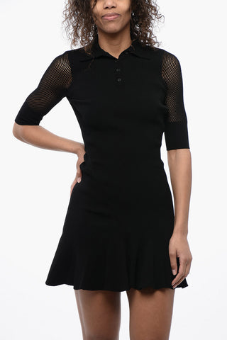 Ribbed Flared Dress with Mesh Details and Polo Neck