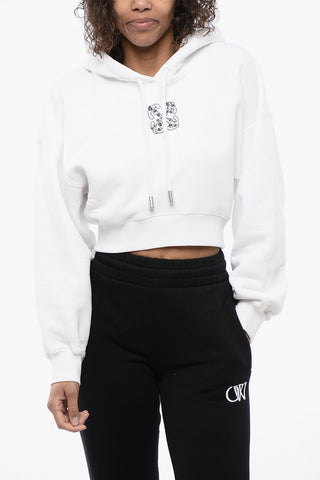 Brushed Cotton Cropped Hoodie with Rhinestone Embellished Logo