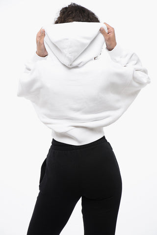 Brushed Cotton Cropped Hoodie with Rhinestone Embellished Logo