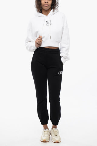 Brushed Cotton Cropped Hoodie with Rhinestone Embellished Logo