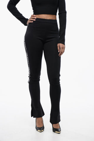 Solid Color Leggings with Side Logoed Band and Ankle Slit