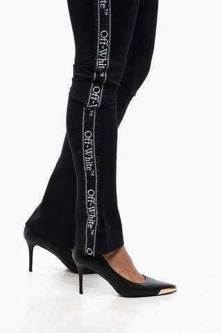 Solid Color Leggings with Side Logoed Band and Ankle Slit