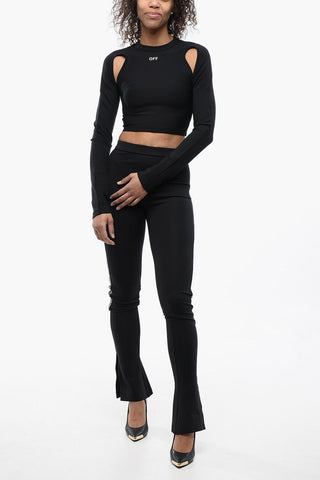 Solid Color Leggings with Side Logoed Band and Ankle Slit
