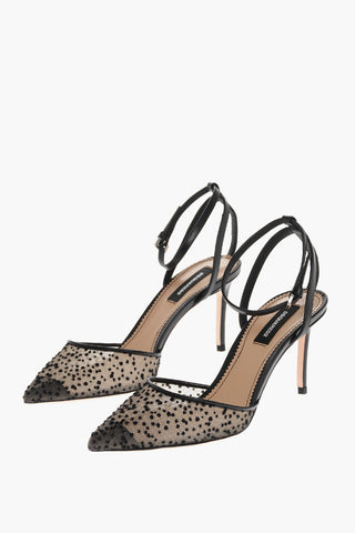 Leather Ankle Strap Pumps with Glitter Mesh Detail Heel 7cm