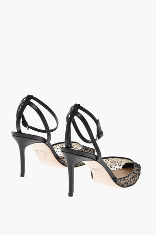 Leather Ankle Strap Pumps with Glitter Mesh Detail Heel 7cm