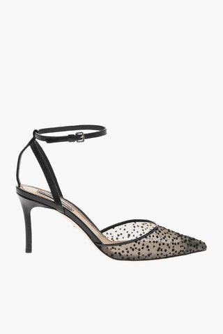 Leather Ankle Strap Pumps with Glitter Mesh Detail Heel 7cm