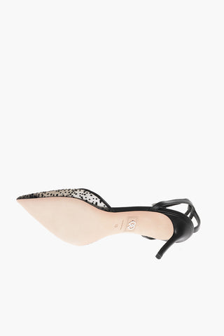 Leather Ankle Strap Pumps with Glitter Mesh Detail Heel 7cm