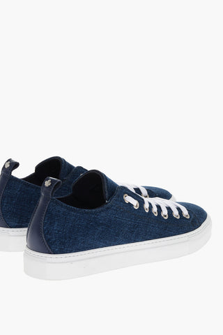 Sneakers Basse in Denim con Rifiniture in Pelle