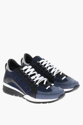 Leather and Denim Low Top Sneakers with Contrasting Strings