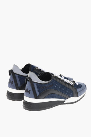 Leather and Denim Low Top Sneakers with Contrasting Strings