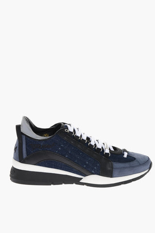 Leather and Denim Low Top Sneakers with Contrasting Strings