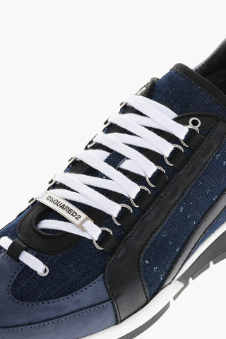 Leather and Denim Low Top Sneakers with Contrasting Strings