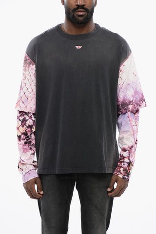 T-Shirt T-WESHER-N5 Oversize con Maniche a Doppio Strato a Fantasia