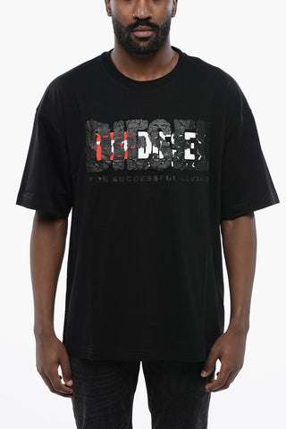 Solid Color T-NABEL-M1 Crew-neck T-Shirt with Cracked Effect Print