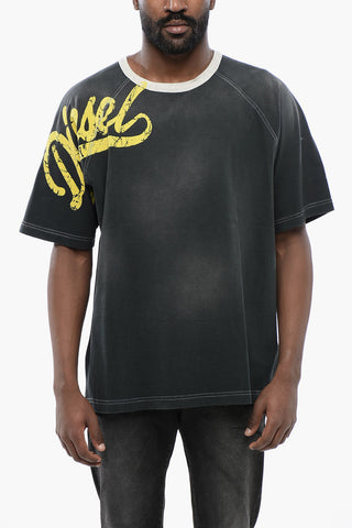 Faded Effect T-ROXT-SLITS Crew-neck T-Shirt with Flocked Logo