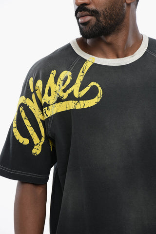 Faded Effect T-ROXT-SLITS Crew-neck T-Shirt with Flocked Logo