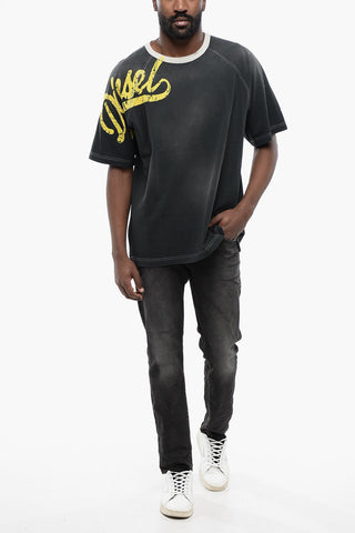 Faded Effect T-ROXT-SLITS Crew-neck T-Shirt with Flocked Logo