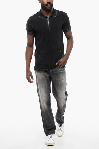 RED TAG Acid Wash Effect T-SMITH-ZIP Polo Shirt with Half Zip
