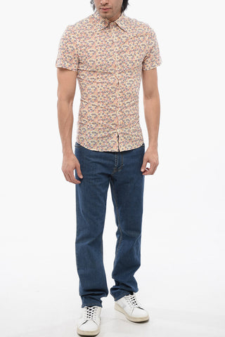 Camicia a Maniche Corte in Misto Cotone con Motivo Geometrico