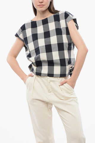 Blusa Smanicata in Cotone Gingham con Coulisse sul Fondo