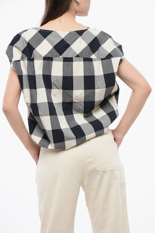 Blusa Smanicata in Cotone Gingham con Coulisse sul Fondo