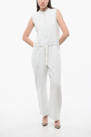 Ärmelloser Denim-Jumpsuit mit Kordelzug in der Taille
