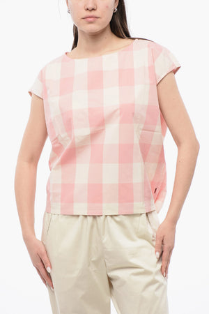 Blusa Smanicata in Cotone Gingham con Coulisse sul Fondo