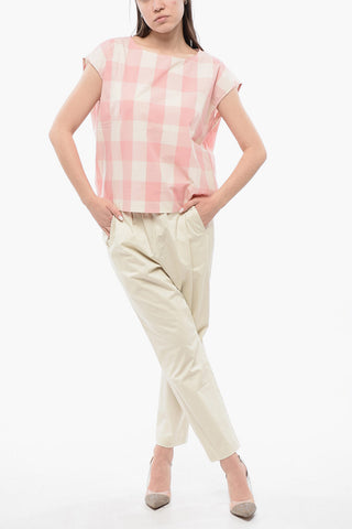 Cotton Gingham Sleeveless Blouse with Drawstring Hem