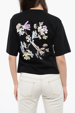 Cotton Crew-neck T-shirt with Back Floral-Motif